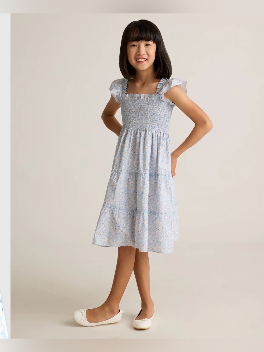Quince Organic Cotton Poplin Smocked Dress Floral Cottagecore Light blue Girls